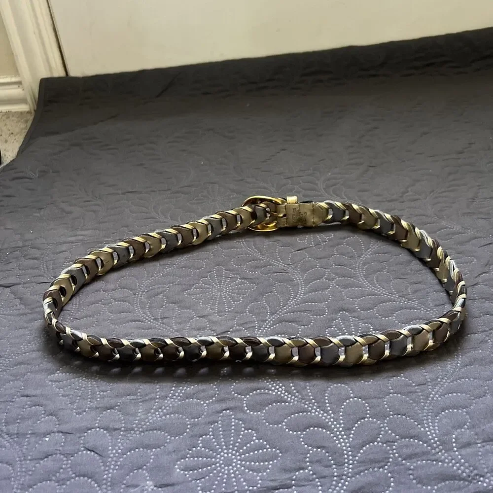 Vintage 70's Belt Adjustable Leather Metallic Glam Wrap Chain Gold Bronze Cream